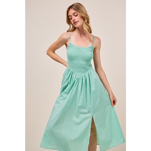 So Me Smocked Design Sleeveless Adjustable Spaghetti Strap Everyday Dress | Sage - Picture 7 of 7